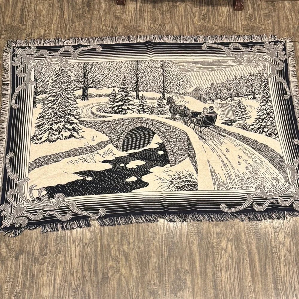Vintage MWW 1994 Blue and White Winter Scene Tapestry blanket